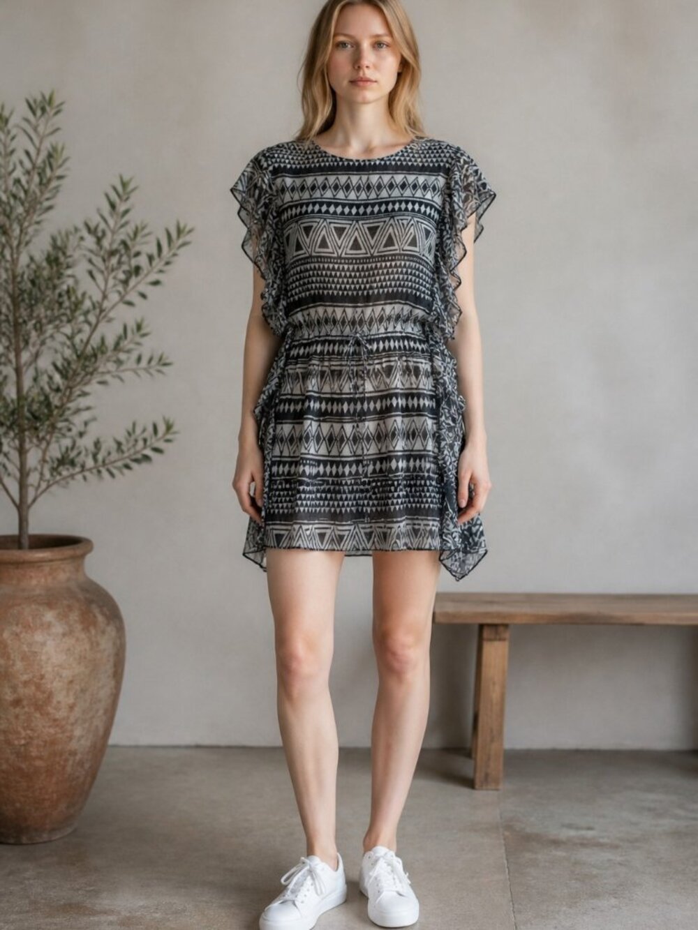 Jessica Simpson Black & White Aztec Ruffle Swim Cover-Up Tunic